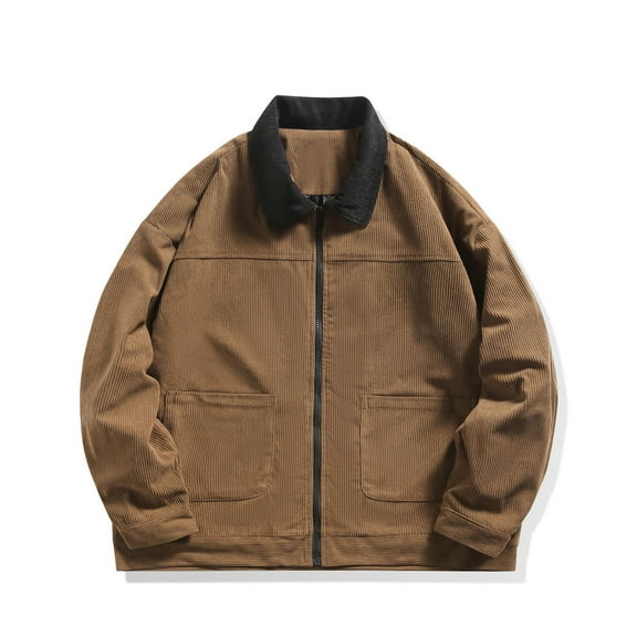Brondbend Men Jacket Men's Coats Lapel Long Sleeved Zipper Pocket Outerwear Multicolour Vintage Jacket Loose Fit Vacation Tops Coffee