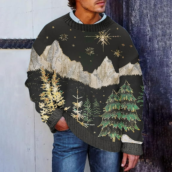 Brondbend Men Sweater Christmas Mens Pullover Sweater Crew Neck Long Sleeved Tops Print Comfy Trendy Loose Fit Blouse Fall Winter Work Clothes Black