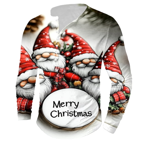 Brondbend Men Top Christmas Man Shirt Long Sleeved Crew Neck Button Pullover Print Stylish Blouse Regular Fit Work Clothes White