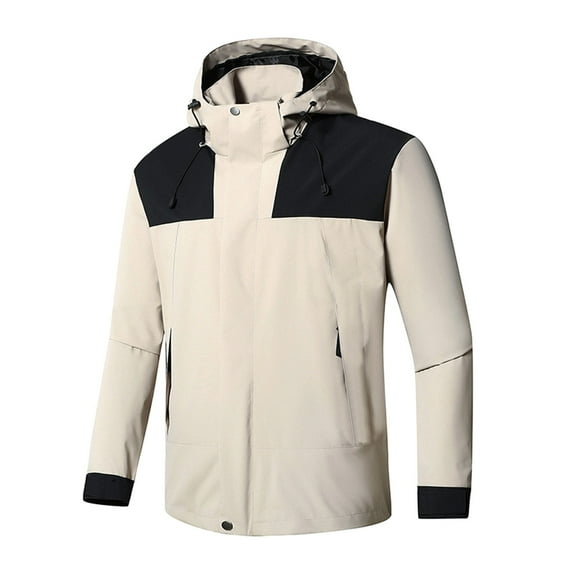 Brondbend Men Waterproof Jacket Men's Fashion Casual Solid Color Pockets Zipper Jacket Long Sleeve HoodedCoat Loose Fit Outdoor Trendy Hiking Versatile,Khaki