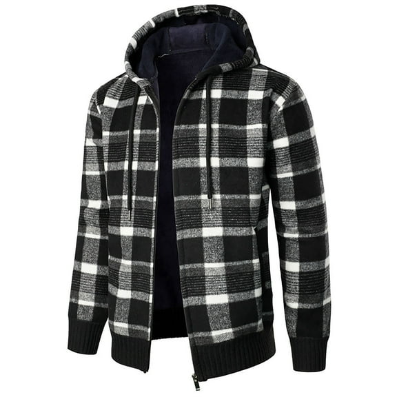 Brondbend Men's Coats Jacket Mens Hooded Long Sleeved Zipper Pocket Outerwear Plaid Comfy Jacket Loose Fit Travel Tops Black