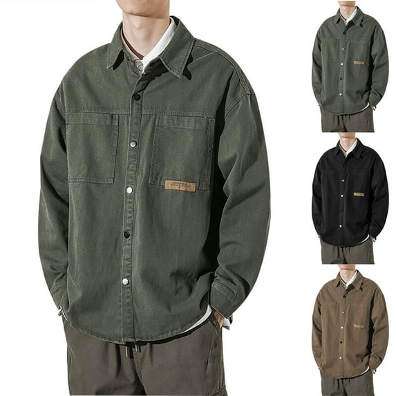 Brondbend Men's Fall Jacket Winter Coat for Men Lapel Long Sleeved Button Pocket Outerwear Solid Color Comfy Stylish Workwear Loose Party Tops Army Green