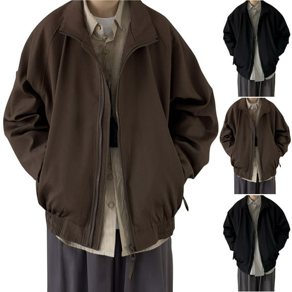 Brondbend Men’s Jacket Coat for Men Lapel Long Sleeved Zipper Pocket Outerwear Solid Color Stylish Workwear Loose Fit Vacation Tops Black