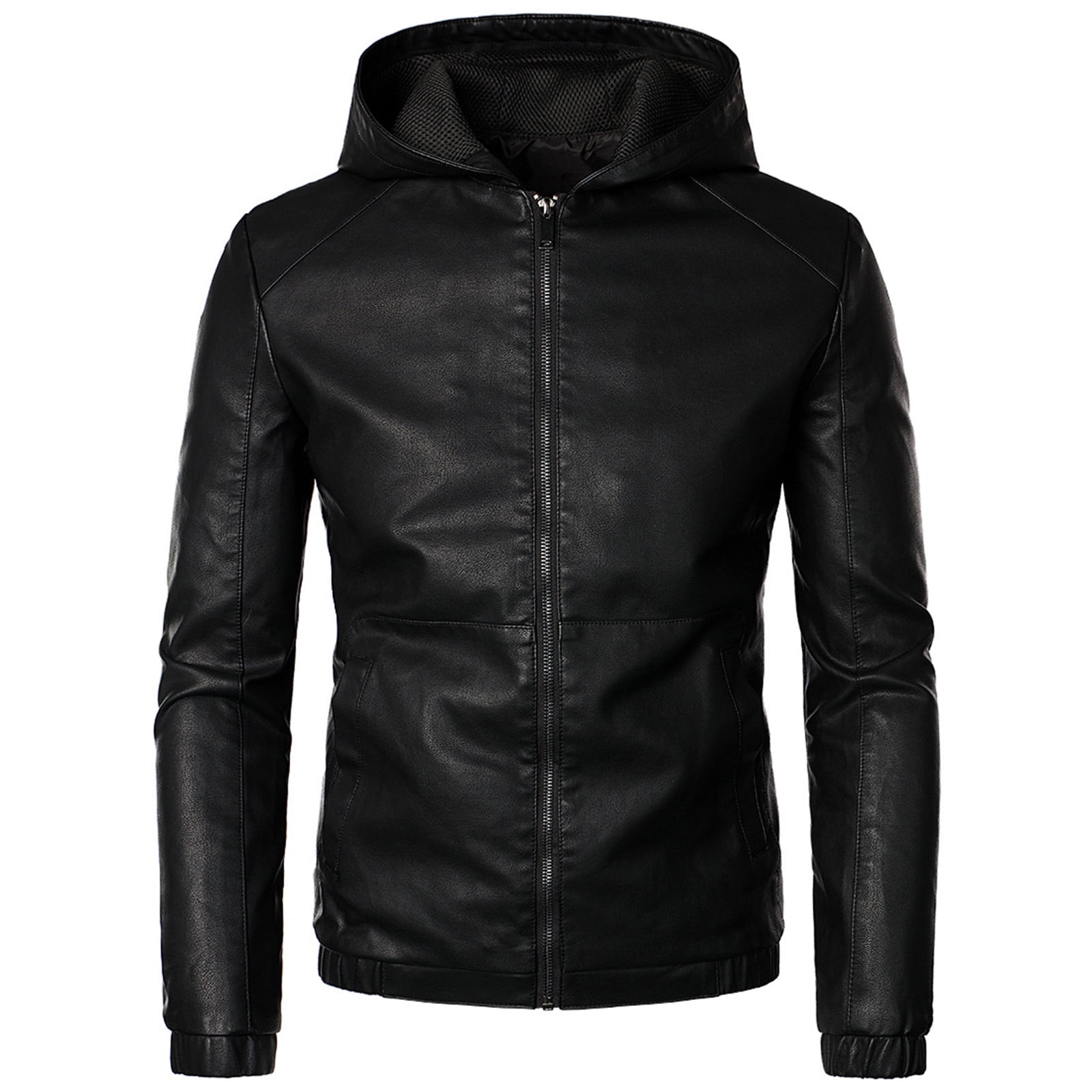 Brondbend Men's Leather Jackets Mens Coats Hooded Long Sleeved Zipper Pocket Outerwear Solid Color Casual Jacket Loose Fit Daily Tops Black