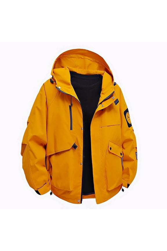 Men's Rain Jacket with Hood Waterproof Men's Solid Color Waterproof Long Sleeved Hooded Workwear with Multiple Pockets Jacket Loose Fit Fall Winter Mountaineering Fashion,Orange