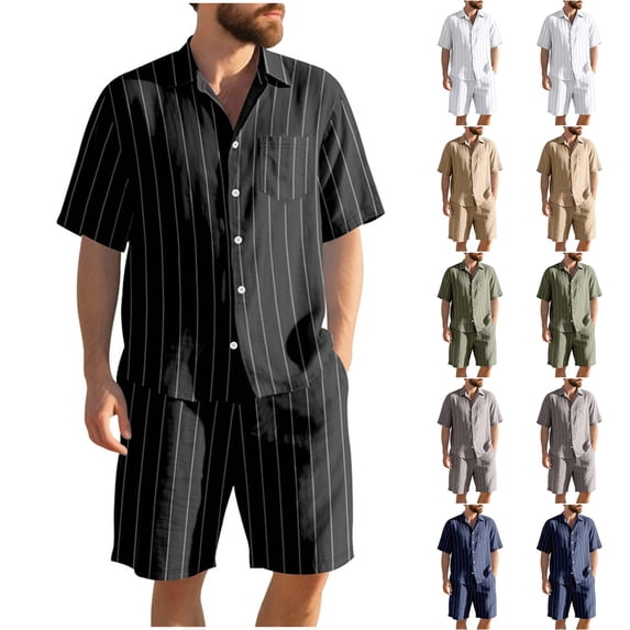 WWV Men's Shirt and Short Sets Lapel Short Sleeve Pocket Button Shirt Mid Waist Shorts Outfits Solid Color Stylish Loose Fit Party Leisure Suit Army Green L