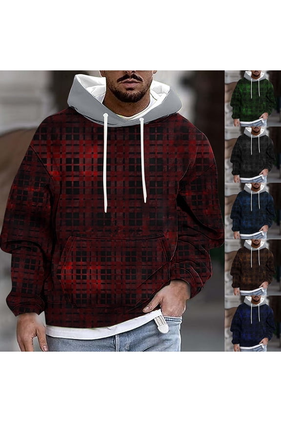 Men’s Sweatshirt Mens Pullover Sweatshirt Long Sleeved Drawstring Pocket Pullover Plaid Print Comfy Relaxed Loose Tops Fitness Workout Fall Winter Wear Black