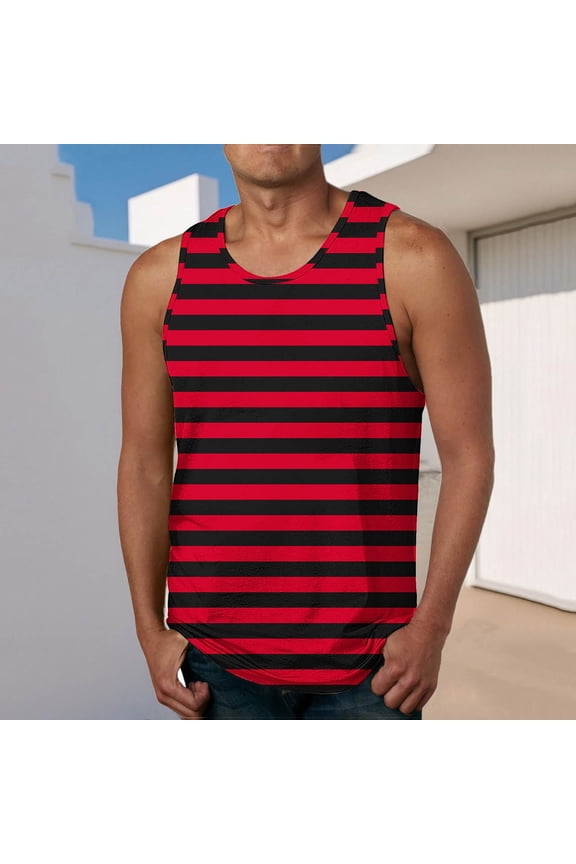 Men's Tank Top Undershirt Sleeveless Crewneck Stripe Blouse Summer Stylish Loose Fit Vacation Party Tops Red L
