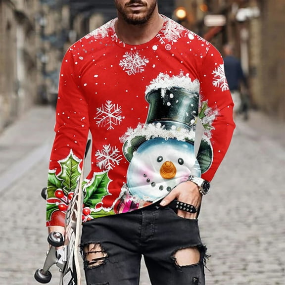 Brondbend Men's Tops Christmas Men’s Shirts Long Sleeve Crewneck Workout Pullover Printed Fashion Blouse Loose Work Clothes Red