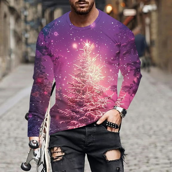 Brondbend Men's Tops Christmas Men’s Shirts Long Sleeves Crewneck Pullover Print Comfy Trendy Blouse Loose Fit Going out Clothes Purple