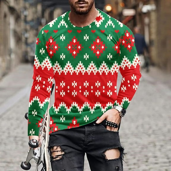 Brondbend Men's Tops Christmas Mens Shirts Casual Long Sleeve Crewneck Workout Pullover Printed Fashion Blouse Loose Anniversary Clothes White
