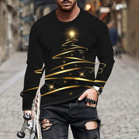Brondbend Mens Tops Christmas Cheap Shirts for Men Long Sleeves Crewneck Pullover Print Comfy Stylish Blouse Loose Fit Vacation Clothes Black