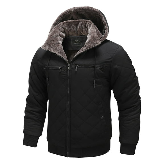 Brondbend Men's Winter Coats Fall Mens Jacket Hooded Long Sleeved Zipper Pocket Outerwear Solid Color Warm Jacket Loose Fit Outdoor Tops Black