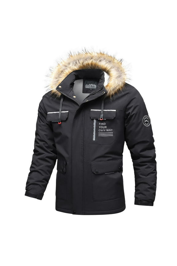 Men's Winter Coats Men’s Jacket Hooded Long Sleeved Zipper Pocket Outerwear Solid Color Warm Jacket Loose Fit Party Tops Black