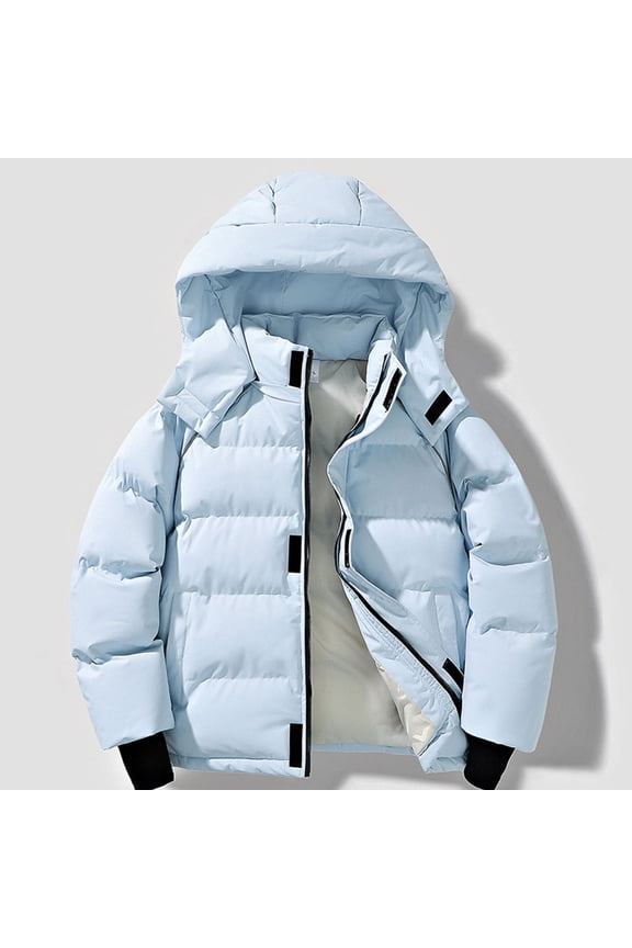 Men's Winter Coats Men's Jackets Hooded Long Sleeved Zipper Pocket Outerwear Solid Color Warm Jacket Loose Fit Anniversary Tops Light Blue