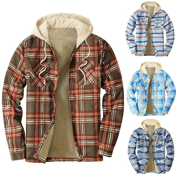 Brondbend Men's Winter Coats Mens Jackets Hooded Long Sleeved Pocket Button Outerwear Plaid Thick Jacket Loose Fit Going out Tops Blue