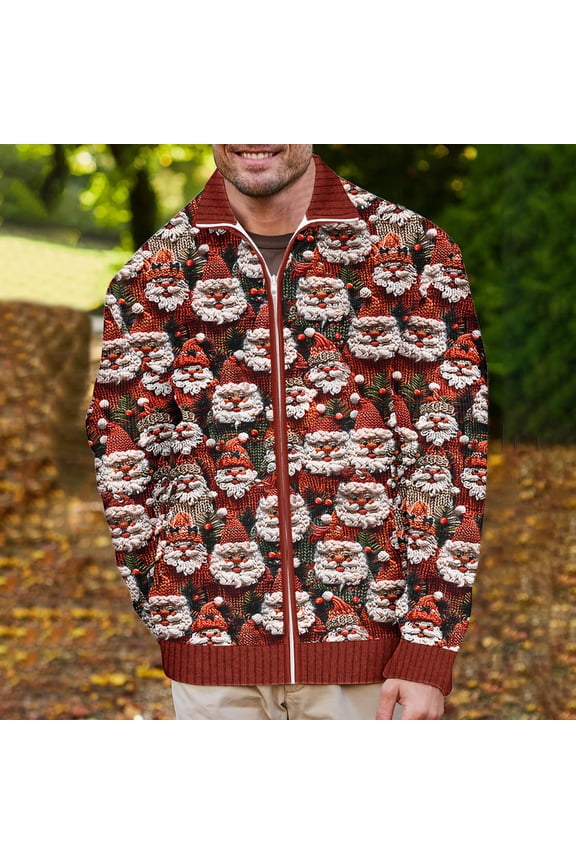 Men's Winter Jackets Men Coat Lapel Long Sleeved Zipper Outerwear Christmas Print Comfortable Warm Jacket Loose Anniversary Tops Red