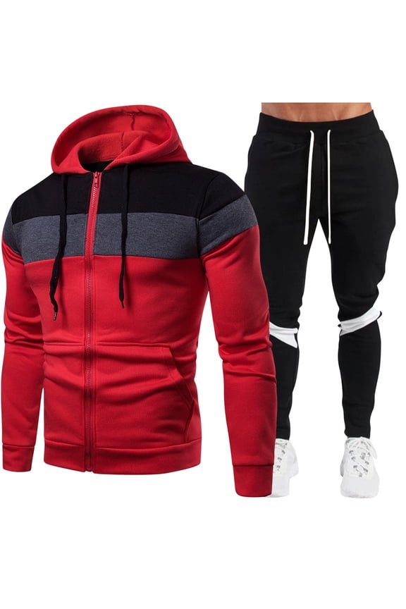 Mens 2 Piece Sweatsuits Sets Mens Jogger Set Long Sleeved Hoodies with Zipper and Pocket Sweatshirt Elastic Waist Sweatpants Tracksuits Winter Fitness Sport Suits,Red