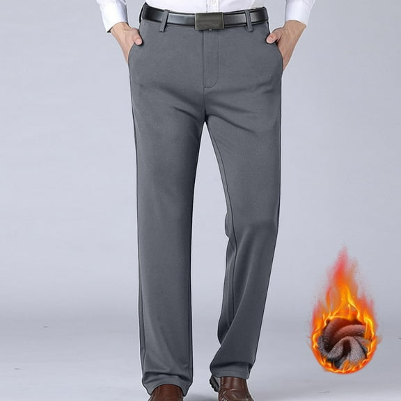 Brondbend Mens Business Casual Pants Mens Straight Fit Pants Stretch High Waist Zipper Trousers with Pocket Solid Casual Warm Flat Front Trousers Classic Fit Date Night Suit Pants