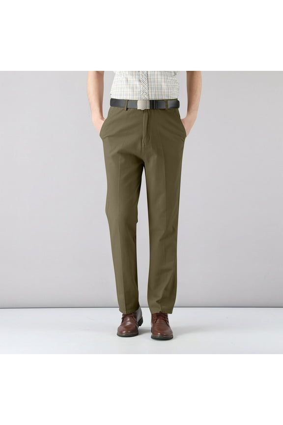 Mens Business Casual Pants Mens Straight Leg Pants Stretchy High Waist Zipper Pocket Trousers Solid Casual Thin Flat Front Trousers Classic Fit Business Work Suit Pants