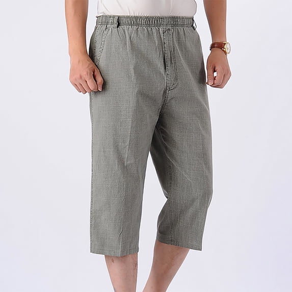 WWV Mens Capri Pants Cropped Pants Men Pocket Elastic Waist Trousers Solid Color Casual Thin Relaxed Fit Vacation Party Cotton Linen Pants Green XL
