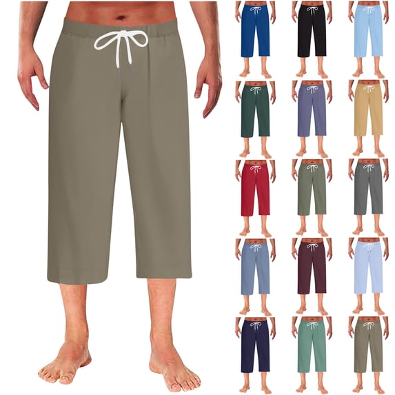 WWV Mens Capri Pants Mens Cropped Pants Drawstring Elastic Waist Straight Leg Trousers Solid Color Leisure Loose Vacation Pants Army Green L