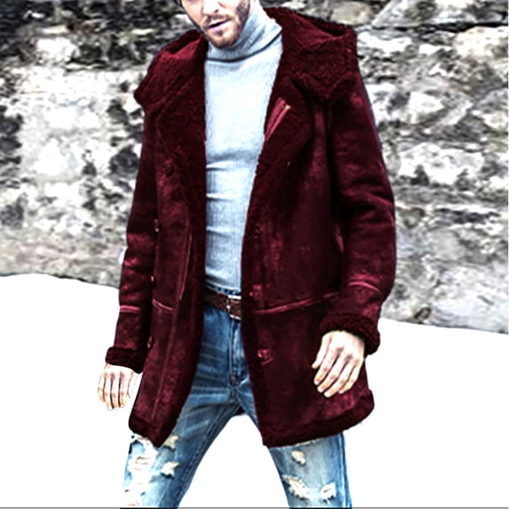 WWV Mens Coats Fall Mens Jacket Hooded Long Sleeved Button Pocket Outerwear Solid Color Warm Jacket Loose Fit Daily Tops Wine