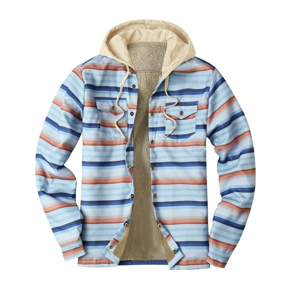 Brondbend Mens Coats Men’s Jacket Hooded Long Sleeved Pocket Button Outerwear Plaid Thick Jacket Loose Fit Travel Tops Blue