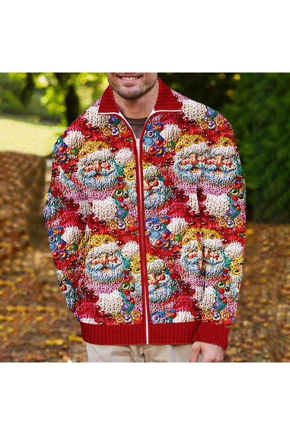 Mens Fall Jacket Coats for Men Lapel Long Sleeved Zipper Outerwear Christmas Print Comfortable Warm Jacket Loose Fit Holiday Tops Red