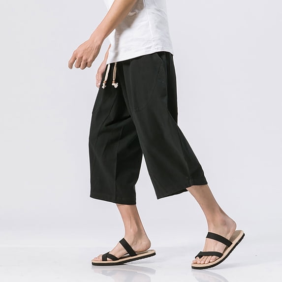 WWV Mens Harem Pants Capri Pants for Men Cropped Pants Pocket Drawstring Trousers Solid Color Leisure Regular Fit Going out Cotton Linen Pants Black L