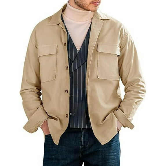 Brondbend Mens Jackets Fall Winter Coat for Men Lapel Long Sleeved Pocket Button Outerwear Solid Color Stylish Jacket Loose Fit Holiday Tops Khaki
