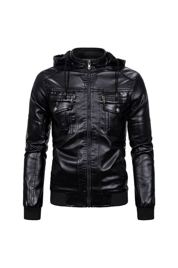 Mens Leather Jacket Coat for Men Hooded Long Sleeved Zipper Pocket Outerwear Solid Color Warm Jacket Loose Fit Festival Tops Black