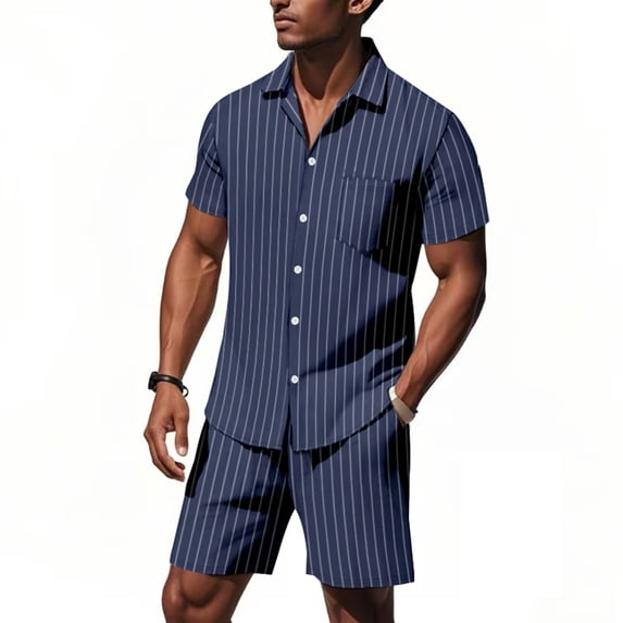WWV Mens Shorts Set Lapel Short Sleeve Pocket Button Shirt Mid Waist Shorts Outfits Solid Color Stylish Loose Fit Going out Leisure Suit Navy XL