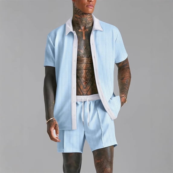 WWV Mens Shorts Sets Lapel Short Sleeve Button Shirt Elastic Waist Shorts Outfits Solid Color Casual Loose Fit Weekend Leisure Suit Sky Blue XL