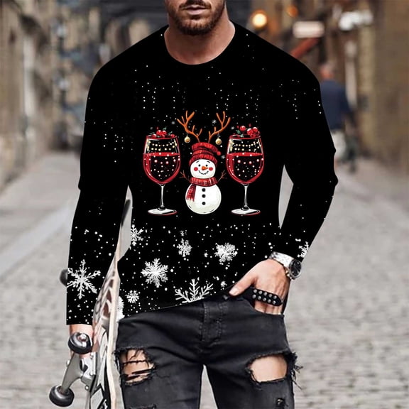 Brondbend Mens Top Christmas Men’s Shirts Long Sleeves Crewneck Workout Pullover Print Comfy Trendy Blouse Loose Fit Club Clothes Black