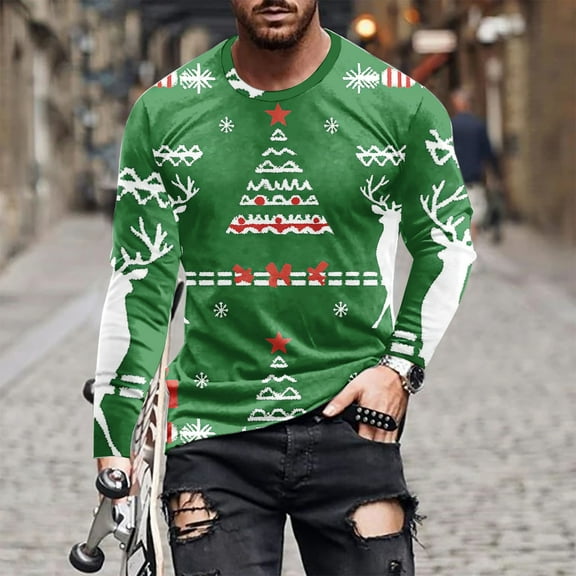 Brondbend Mens Top Christmas Mens Shirts Long Sleeve Crewneck Pullover Printed Comfy Relaxed Blouse Loose Festival Clothes Black