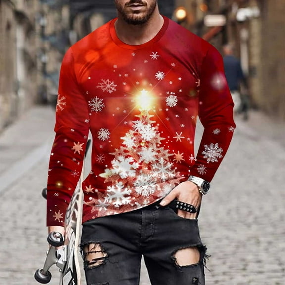 Brondbend Mens Top Christmas Shirts Men Long Sleeves Crewneck Workout Pullover Print Comfy Trendy Blouse Loose Fit Festival Clothes Red