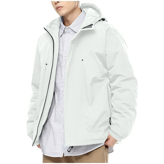 Brondbend Mens Waterproof Jacket Men's Long Sleeved Solid Color Zipper Outdoor Windproof and Waterproof Hooded Jacket with Pocket Plus Size Fall Winter Climb Mountains,White