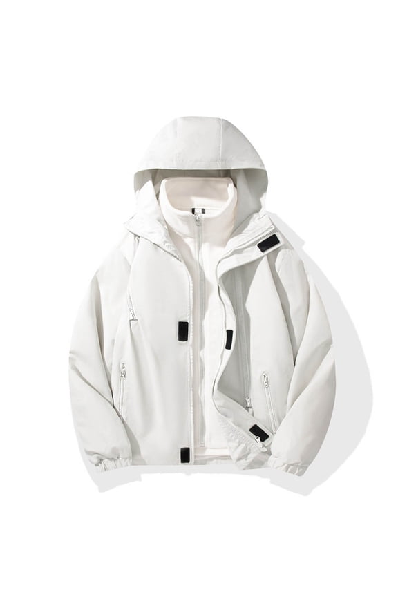 Mens Waterproof Rain Jacket Men's Outdoor Solid Color Windproof Removable Inner Liner Pocket Zipper Jacket Plus Size Fall Winter Outdoor Mountaineering,White