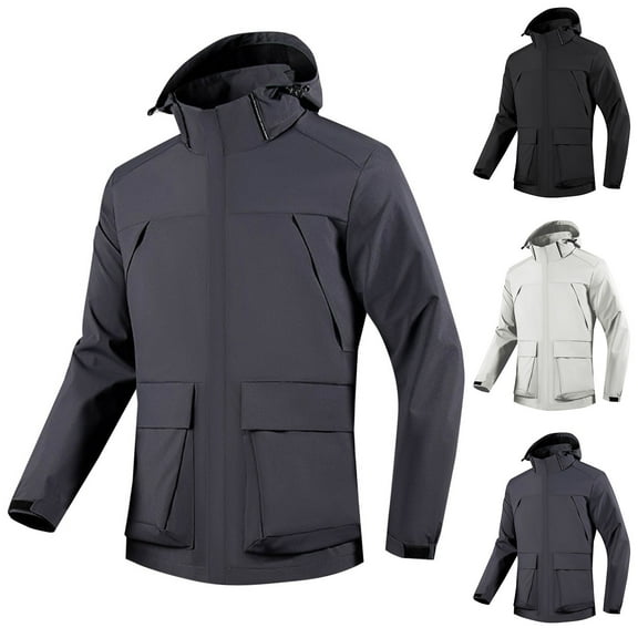 Brondbend Mens Waterproof Work Jacket Men's Fashion Solid Color Windproof Warm Jacket Long Sleeve Hooded Casual Outwear Coat Loose Fit Fall Winter Outdoor Hiking Workout,Black
