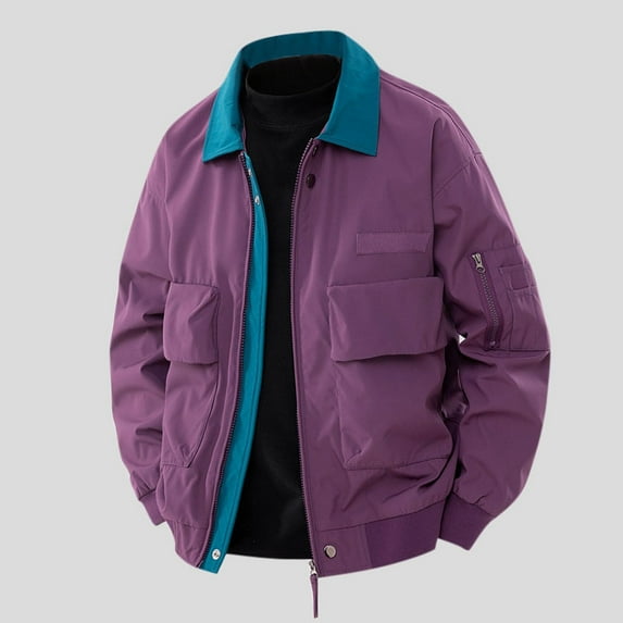 Brondbend Mens Waterproof Work Jacket Men's Solid Color Windproof Workwear Long Sleeved Lapel Zipper Casual Jacket Oversized Fall Winter Hiking Versatile Workout Outerwear,Purple