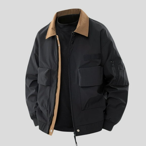 Brondbend Mens Waterproof Work Jacket Men's Solid Color Windproof Workwear Long Sleeved Lapel Zipper Casual Jacket Oversized Fall Winter Hiking Versatile Workout Outerwear,Black