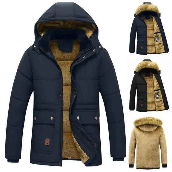 Brondbend Mens Winter Coats Man Jacket Hooded Long Sleeved Zipper Pocket Outerwear Solid Color Warm Jacket Loose Fit Travel Tops Black