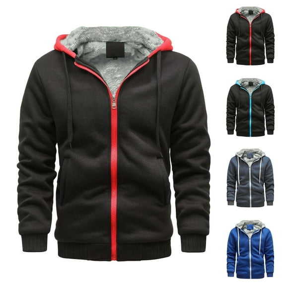 Brondbend Mens Winter Coats Men's Jackets Hooded Long Sleeved Zipper Pocket Outerwear Solid Color Thick Jacket Loose Fit Daily Tops Blue