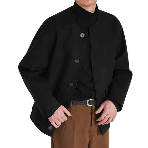 Brondbend Mens Winter Jacket Men Coats Crew Neck Long Sleeved Button Pocket Outerwear Solid Color Stylish Jacket Loose School Tops Black