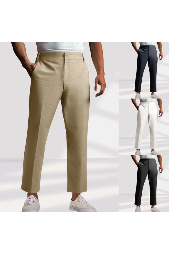 Mens Work Pants Mens Straight Fit Dress Pants Elastic High Waist Zipper Pocket Trousers Solid Trendy Flat Front Trousers Classic Fit Daily Commute Suit Pants