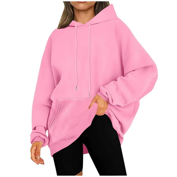 Brondbend Oversized Hoodies for Women Womens Pullovers Long Sleeve Solid Color Front Pocket Fashion Top with Drawstring Plus Size Fall Winter Going out Party Workout Casual Top (Pink)
