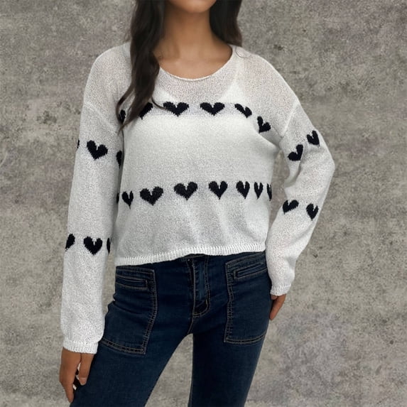 Brondbend Oversized Sweaters for Women Knit Tops for Women Crewneck Long Sleeved Print Knitted Sweaters Loose Fit Thick Pullover Fall Winter Comfortable Party Warm Top,White