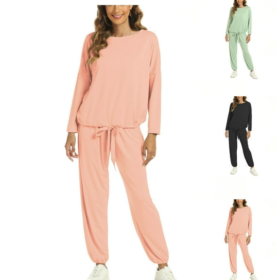 Brondbend Pajama Sets for Women 2 Piece Sleepwear Outfits Crewneck Long Sleeve Solid top with Elastic Waist Long Pants,with Drawstring, Loose Fit Comfortable Set for Daily Home Wear,Black