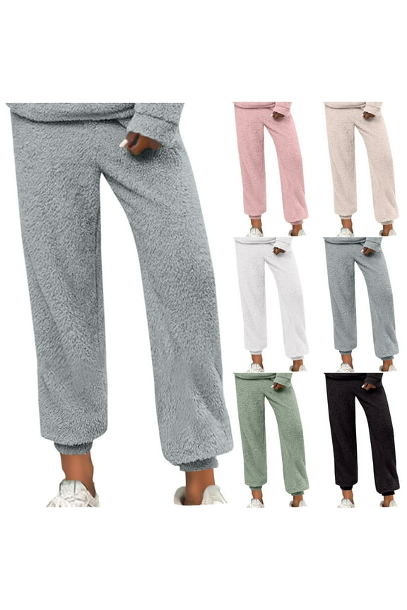 Pajamas Pants for Women Fleece Lounge Pants for Womens Solid Color Elastic Waisted Plush Winter Warm Long Trousers Regular Fit Thick Fitness Sport Home Casual Comfortable